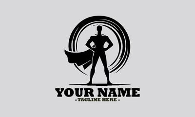 illustration of a heroic figure with a flowing cape and a distinctive emblem on their chest, standing dynamically. Superhero concept, superhero vector illustration and superhero logo design