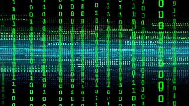 Abstract blue and green binary code data stream on a black background.