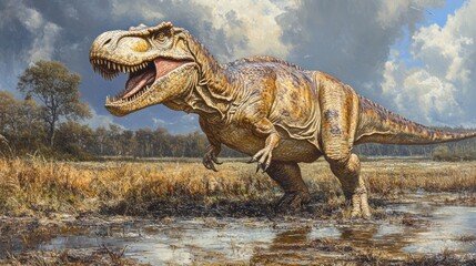 Tyrannosaurus Rex strides through a prehistoric swamp roaring defiance
