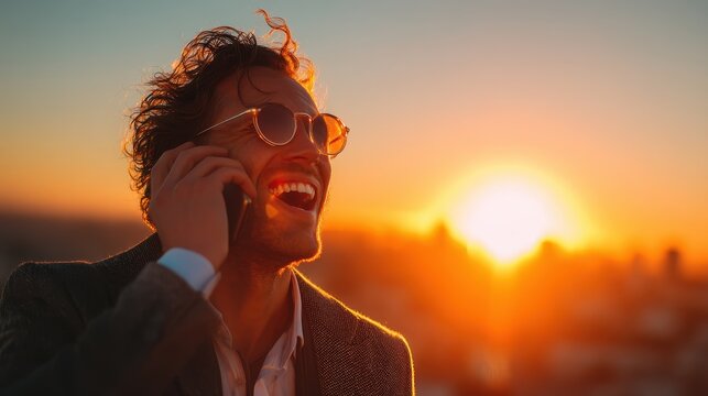 candidate celebrating job offer call outdoors with city skyline background golden hour excitement successful hiring urban career