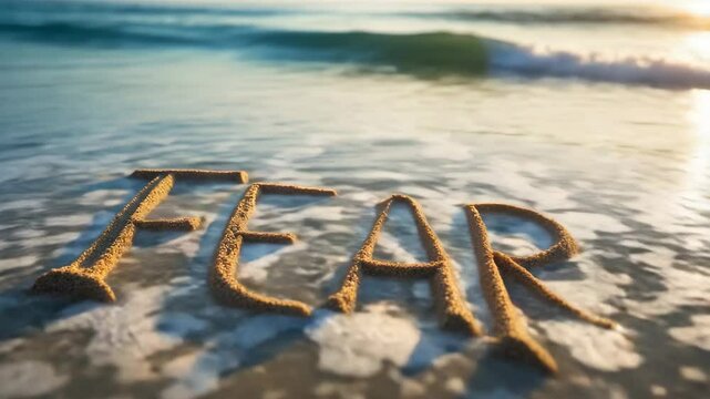 The word fear etched in the sand. Idea of conquering, mental support, therapy, and healing.