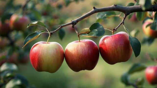 Three delicious apples dangling from the tree.