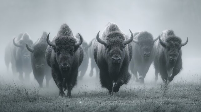 A herd of bison charging through a foggy landscape, showcasing their strength and unity
