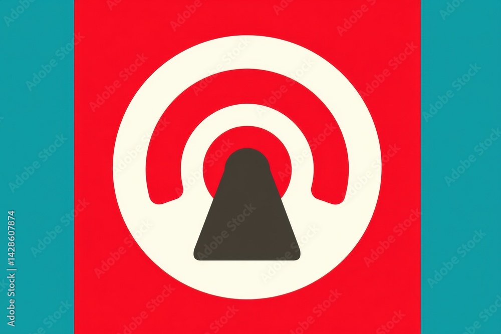 Poster the image features a stylized emblem with a central peak design, surrounded by concentric circles on