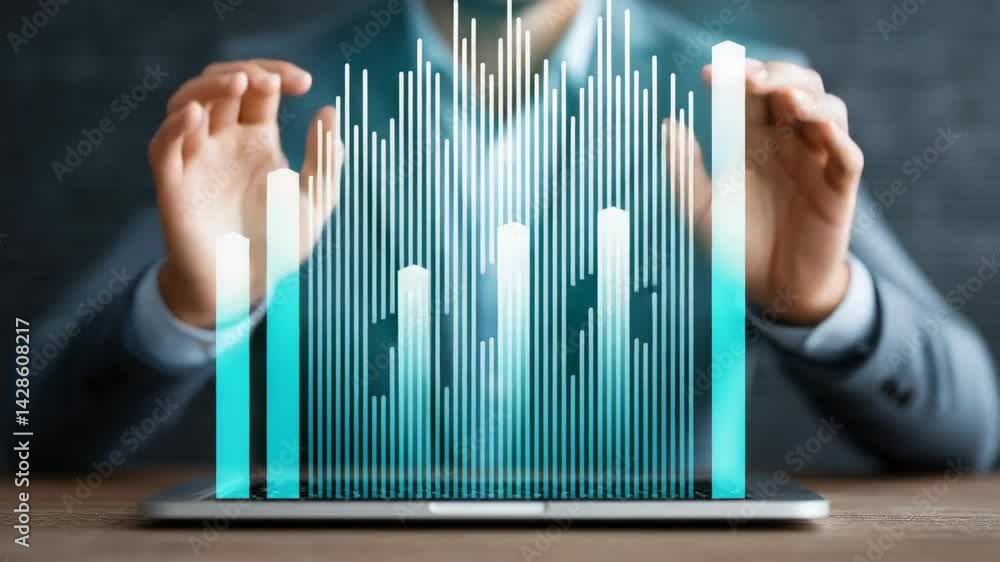 Poster adult in a suit gestures with hands to control financial chart on a screen of a laptop. modern techn