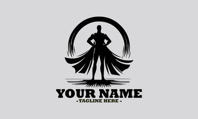 illustration of a heroic figure with a flowing cape and a distinctive emblem on their chest, standing dynamically. Superhero concept, superhero vector illustration and superhero logo design