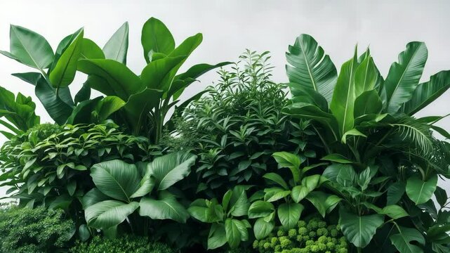 Tropical garden landscaping featuring various green-leaved shrubs, a dense foliage bush positioned against a backdrop.