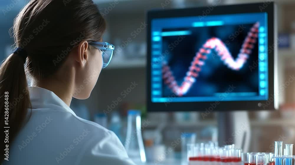 Poster a lab technician studies the dna helix on a monitor while test tubes filled with samples are placed 