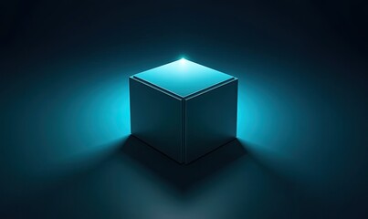 A single black cube sits in the center of a dark blue background, illuminated by a bright blue light from above, casting a shadow
