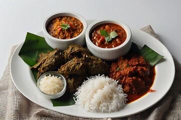 Savory Malaysian food platter with rice, flavorful curries, and steamed vegetables. Authentic flavors and vibrant colors.