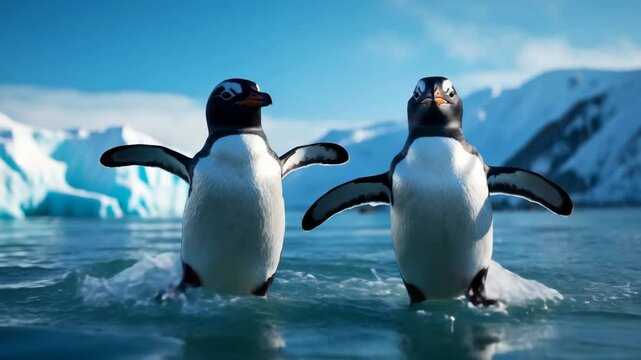 Two playful penguins jump in the icy waters, showcasing their agility against a backdrop of mountains and serene skies.