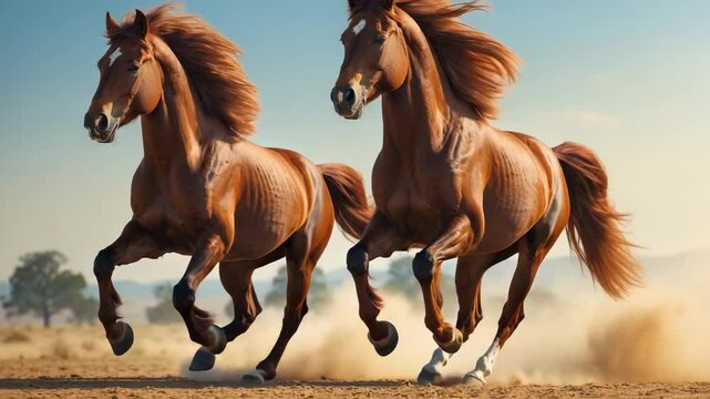 Two wild chestnut horses racing alongside each other in dust, viewed from the front.