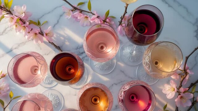 Varied Shades of Wine: A Flat Lay Display of Colorful Wine in Glasses Surrounded by Flowers on a Marble Surface, Viewed from Above. Theme.