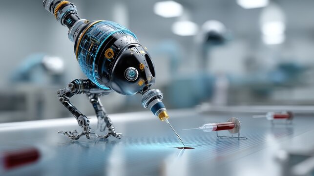 AI driven robot in a healthcare setting, performing a medical procedure with precision, illuminated by soft clinical lighting, creating a sense of trust and innovation.