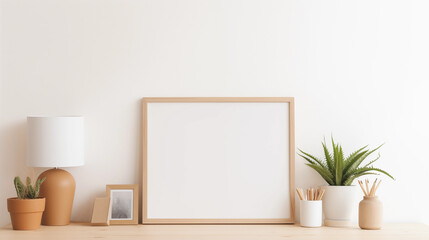 Blank Frame Mockup Wooden Frame Tabletop Plants Lamp