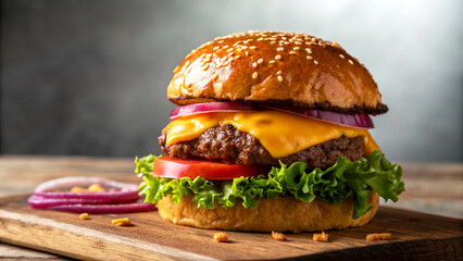 Burger on wooden table in dark background, Burger on wooden board