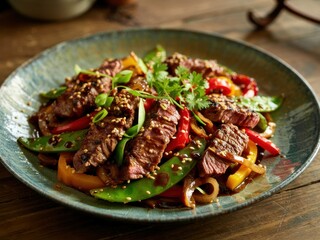 Fototapeta premium Beef stir-fry with colorful vegetables served in a textured bowl on a rustic wooden table