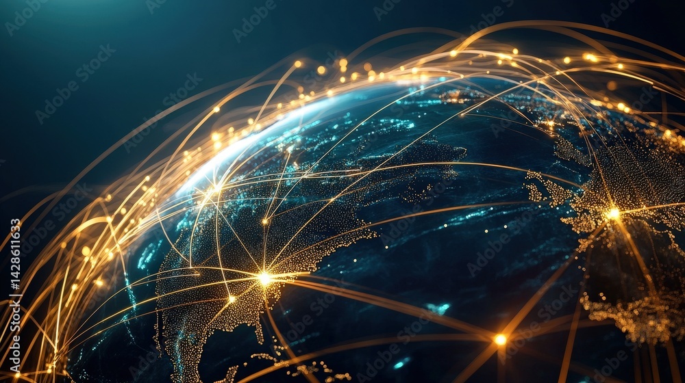 Poster a dynamic 3d globe with golden connection lines linking continents, representing financial and trade