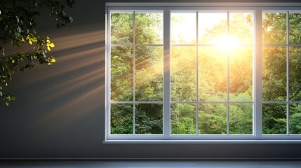 Sunlight streams through a large window into a room with a verdant forest view.