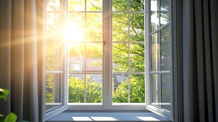 Fototapeta premium Sunlight streams through a window into a verdant outdoor scene.