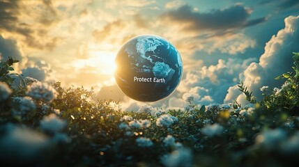Earth - shaped symbol with "Protect Earth" message hovers above a lush floral landscape, under a sky with soft clouds and warm sunlight.