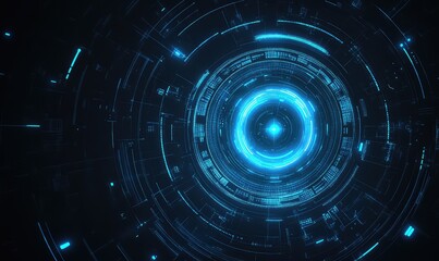Fototapeta premium Glowing blue circular energy field with concentric rings and digital elements