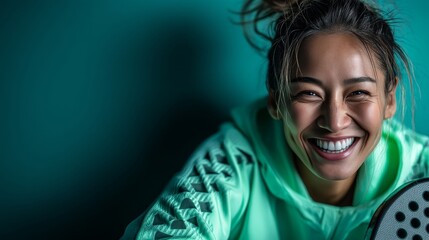 A smiling female padel player in modern sportswear holding a racket