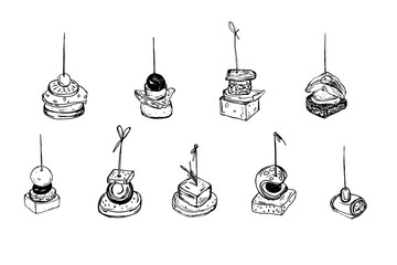 Canape set isolated Vector sketch, small sandwich strung on skewer. Snack for alcohol, appetizer. Black and white sketch on white background.