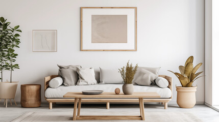 Modern Minimalist Living Room Interior Beige Sofa Wooden Coffee Table Plants