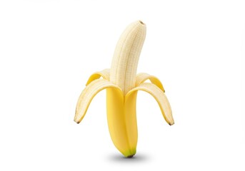 Ripe banana with peel partially pulled down revealing creamy flesh on white background