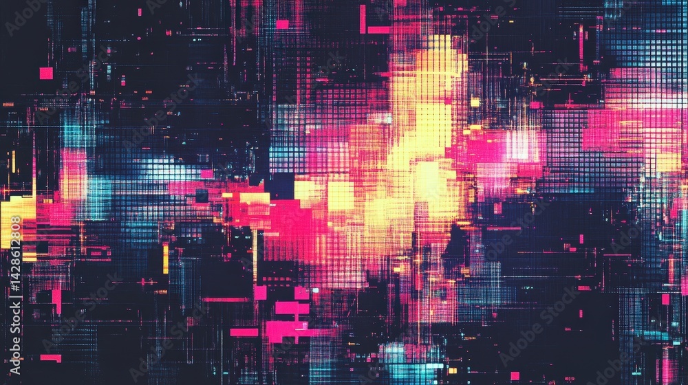 Poster dynamic glitch effect pattern with distorted digital pixels and vibrant neon colors, giving a cyberp