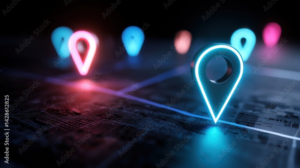 Poster a stunning image of digital gps, neon map pin location. innovation navigation technology concept, ne