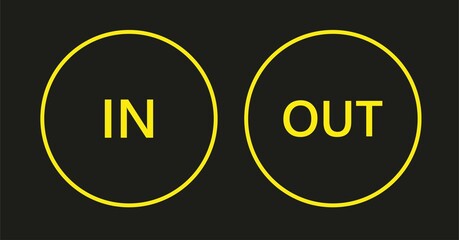  Yellow and black in and round warning direction info sticker badge icon with an arrow and text.vector icon