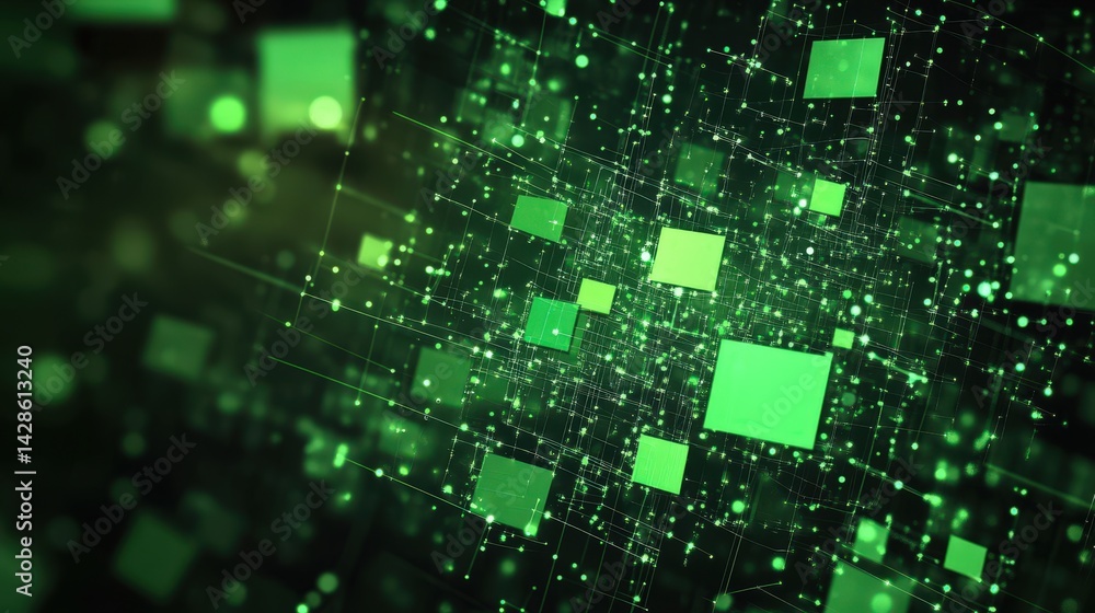 Poster dynamic green geometric background with interlocking squares and digital-inspired circuitry