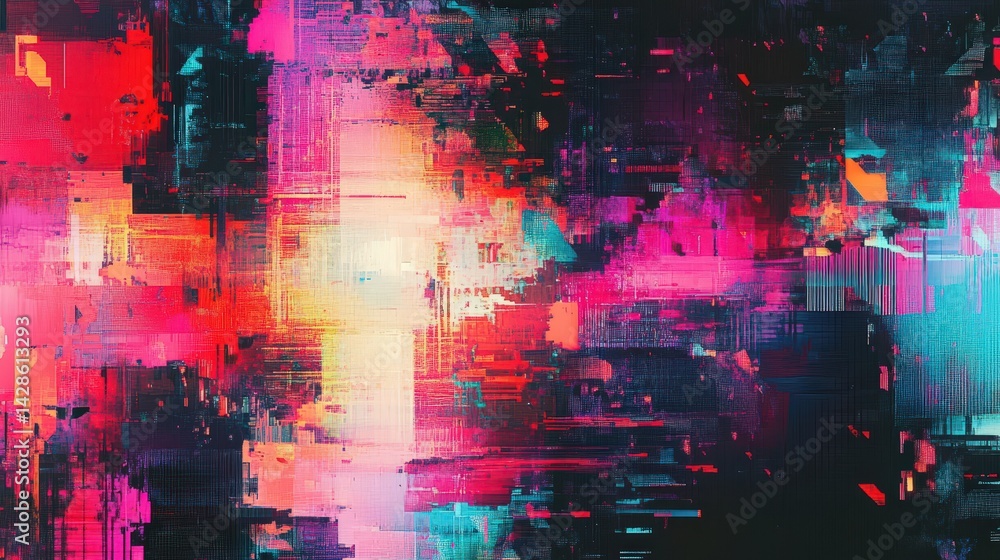 Poster dynamic glitch effect pattern with distorted digital pixels and vibrant neon colors, giving a cyberp