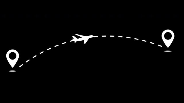 The plane flies from one point to another. The flight of the airliner. Animated video of an airplane flying on a certain course