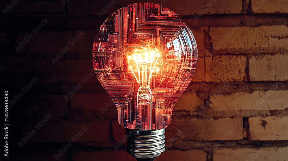 Poster intriguing image of a glowing lightbulb with a circuit board overlay, set against a rustic brick wal