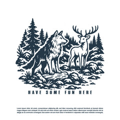 Vintage hand drawn a wolf with deer in the forest isolated on white background