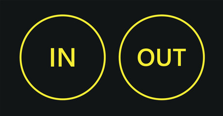  Yellow and black in and round warning direction info sticker badge icon with an arrow and text.vector icon