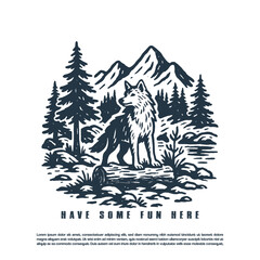 Vintage retro brave lone wolf in the middle of the forest vector illustration © purify