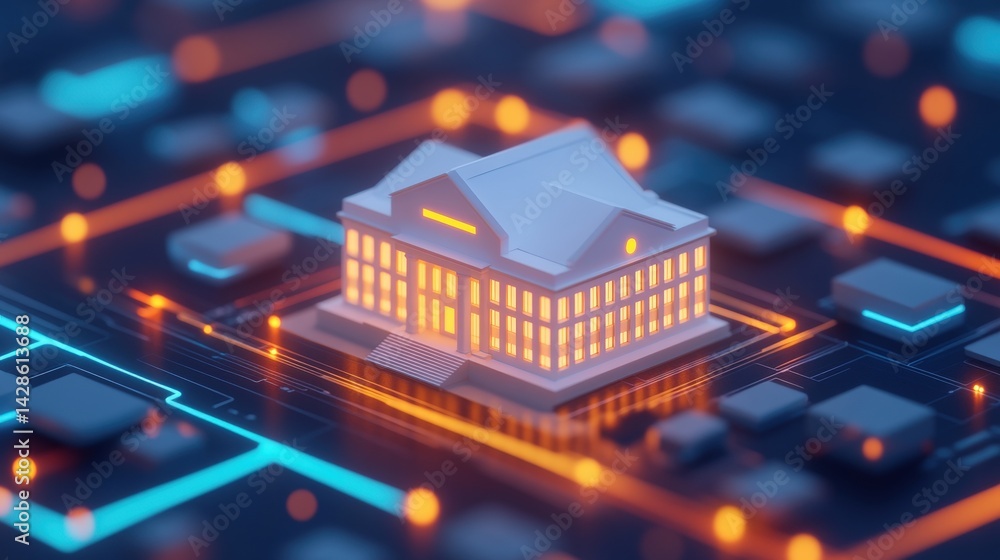 Poster futuristic smart city infrastructure with highlighted building model surrounded by digital circuitry