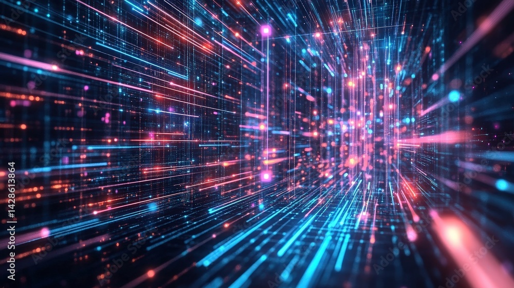 Poster a dynamic representation of big data flow, with neon-colored lines moving through a cyber grid.