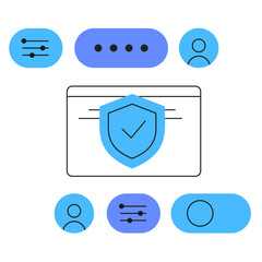 Modern flat vector illustration of cybersecurity and user data management. Includes shield, user interface, chat bubble, toggles, and profile icons. Represents secure access, privacy protection, and d
