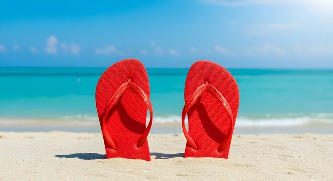 A pair of red flip-flops resting on the sand of a sunny beach, with a turquoise sea and clear blue sky in the soft background, evoking the feeling of a summer vacation