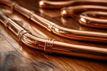 Naklejka premium Shiny new copper pipes laid on wood. Useful for plumbing, industry, or engineering.
