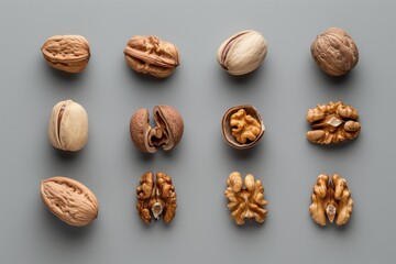 Top-down view of assorted nuts including walnuts, pecans, pistachios, and macadamias, both shelled and unshelled, arranged symmetrically on a smooth gray surface.