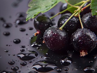 A close-up of fresh black cherries dusted with water droplets on a glossy surface, framed by green leaves and stems, highlights vibrant moisture and rich texture.