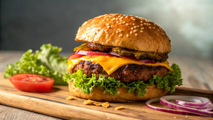 Close up of Burger on wooden table white background, Burger on wooden board