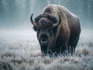 Majestic bison standing in a frosty meadow surrounded by misty trees, evoking a serene wilderness scene