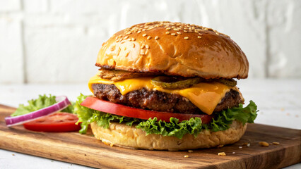 Burger on wooden table in white background, Burger on wooden board